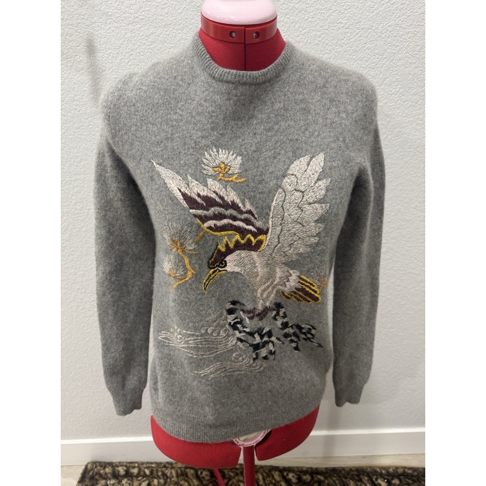 Ralph Lauren Purple Label Gray Cashmere Eagle Embroidered Sweater Small
